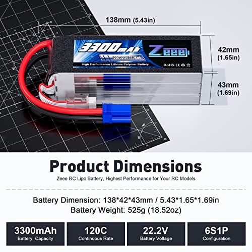 Zeee 6S Lipo Battery 3300mAh 22.2V 120C with EC5 Connector (2 Pack)