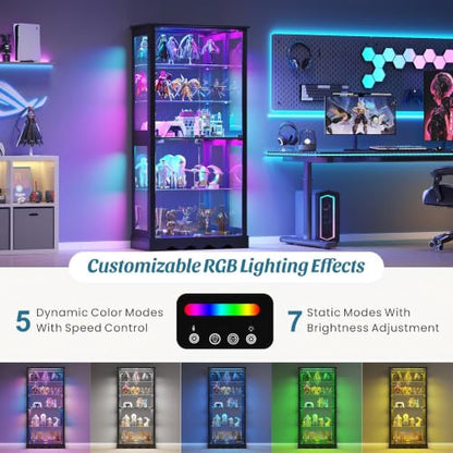 Dystler Display Cabinet with Glass Doors, RGB Lights for Collectibles - color: Black