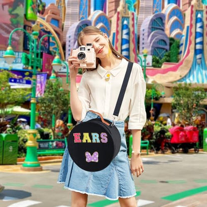 Chenille Letter Bow Mouse Ears Travel Case, Large Round Tote Storage Box - color: Black Chenille Letters