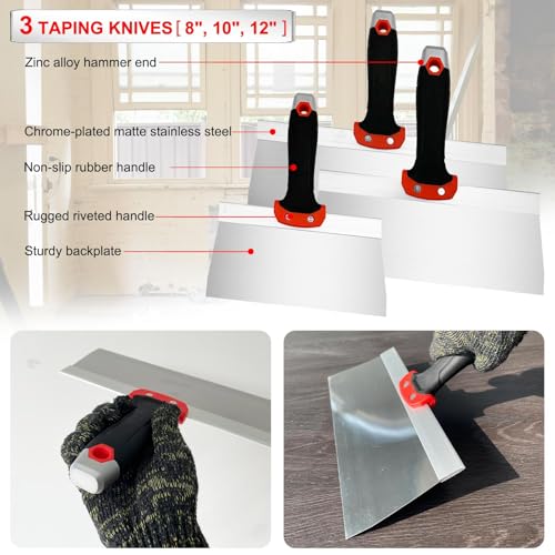 Drywall Hand Tool Kit, 7 Pcs Stainless Steel Drywall Knife Set - color: Black, 7pcs