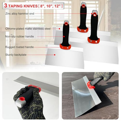 Drywall Hand Tool Kit, 7 Pcs Stainless Steel Drywall Knife Set - color: Black, 7pcs