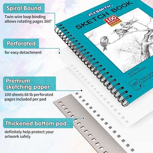 FIXSMITH 9"X12" Sketch Book, 100 Sheets, 68 lb/100gsm Sketchbook, Teal - color: Teal, size: 9"x12"-1 Pack