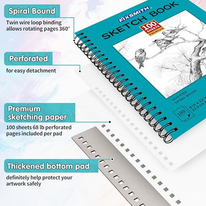 FIXSMITH 9"X12" Sketch Book, 100 Sheets, 68 lb/100gsm,4 Pack Teal - color: Teal, size: 9"x12"-4 Pack