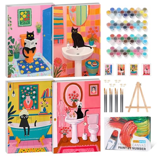 4 Pack Framed Paint by Numbers Kit for Adults, Black Cat, 8 x 12 Inch - color: TRTDOP4F206