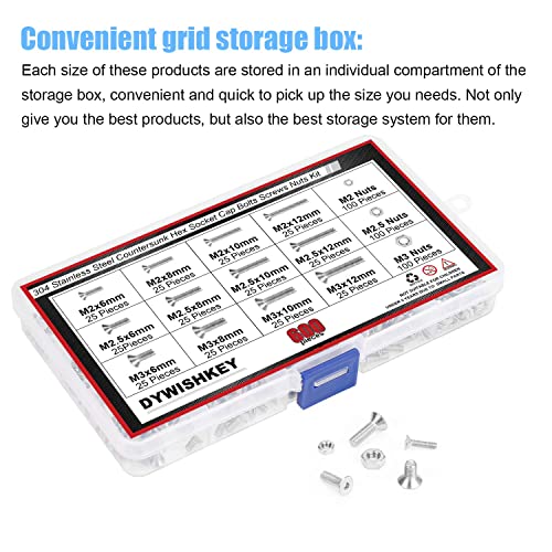 DYWISHKEY 600 PCS Metric M2 M2.5 M3, 304 Stainless Steel Flat Head Countersunk Socket Cap Bolts Screws Nuts Assortment Kit with Hex Wrenches - size: M2 M2.5 M3