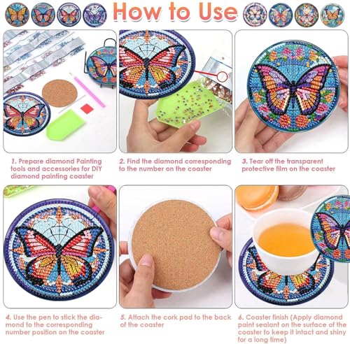 ijbnhd 8 Pcs Butterfly Diamond Painting Coasters Kits with Holder - color: Butterfly