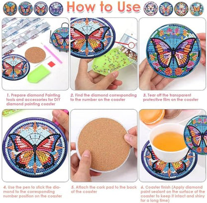 ijbnhd 8 Pcs Butterfly Diamond Painting Coasters Kits with Holder - color: Butterfly