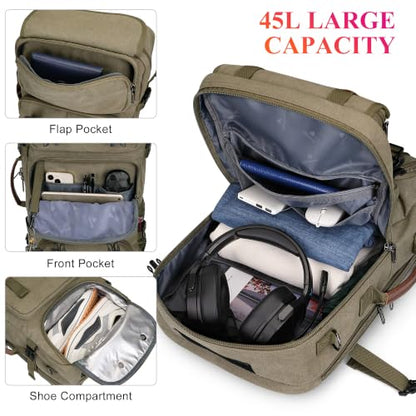 WITZMAN Travel Backpack for Men 45L Large Carry-on Airline Approved - color: Army Green