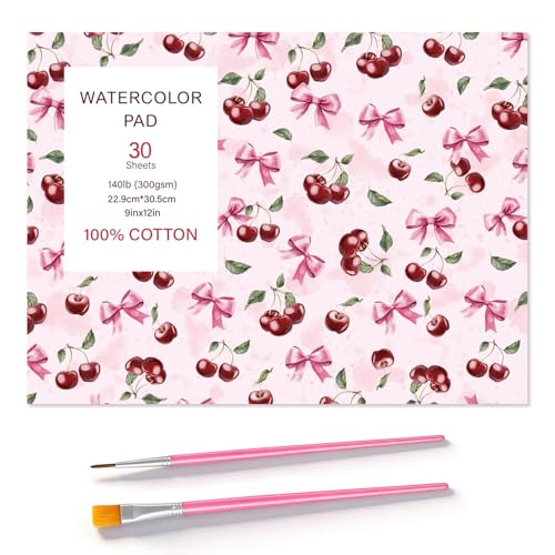 Watercolor Paper Pad 9x12 in, 30 Sheets 140Lb Cold Press, 2 Brushes - size: 9x12 Inch