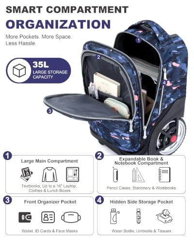 NEW TILAMI 19 Inch Rolling Backpack for School Stair-Climbing Big Wheel - color: Grey Doodle