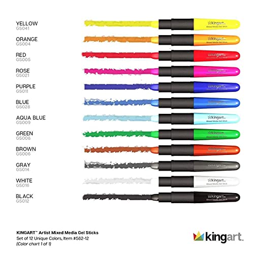 KINGART Mixed Media Gel Stick Crayons, Vibrant, Set of 12-Colors