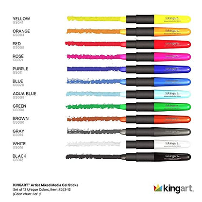KINGART Mixed Media Gel Stick Crayons, Vibrant, Set of 12-Colors