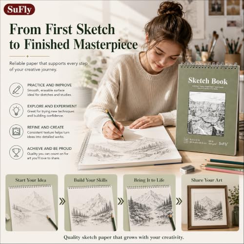 SuFly Sketch Book 9x12, 100-Sheet Drawing Paper Pad, 68lb/100gsm, Acid-Free