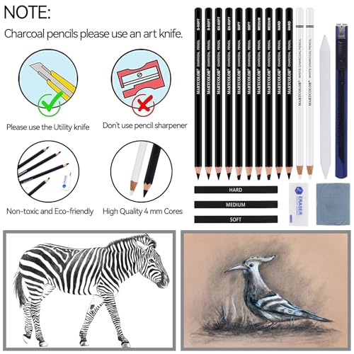 MARTCOLOR Charcoal Drawing Set, 19 Pieces, Black & White Charcoal Pencils - color: Black & White-19 Pack