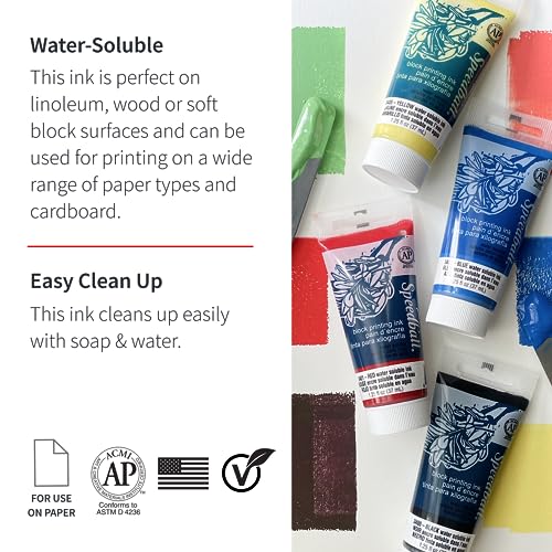 Speedball Water-Soluble Block Printing Ink Set – 4 Bold Colors With Satiny Finish - 1.25 FL OZ Tubes