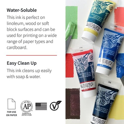 Speedball Water-Soluble Block Printing Ink Set – 4 Bold Colors With Satiny Finish - 1.25 FL OZ Tubes