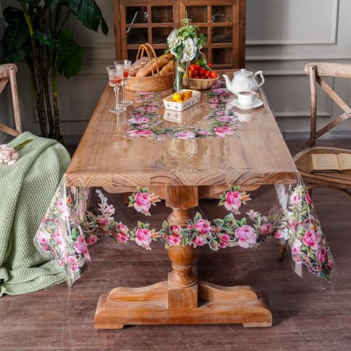 ARTABLE Clear Vinyl Tablecloth Rose Floral Print Wipeable 52 x 70 Inch - color: Rose, size: 70" x 52" (Rectangular)