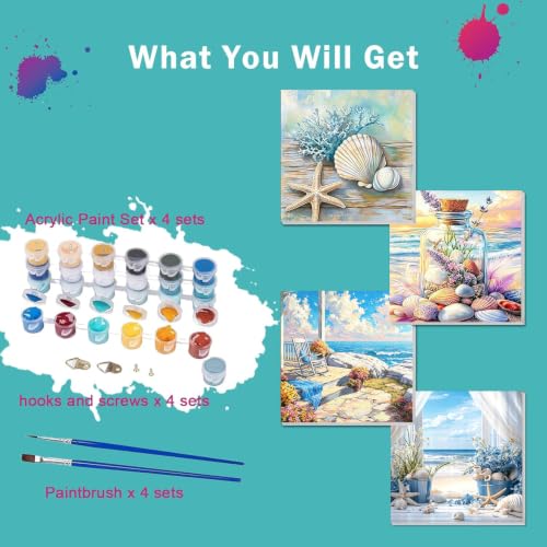 Ekuxom 4 Pack Beach Paint by Numbers Kit for Adults on Canvas Framed - color: 4 Pack Beach