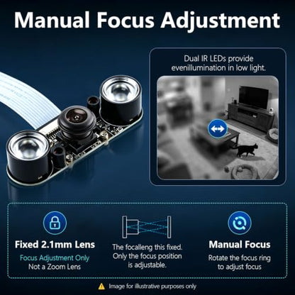 5MP OV5647 Sensor for Raspberry Pi Camera Module Night Vision with IR LED Light 1080P Video Webcam Wide Angle 130°FOV Adjustable Focus Compatible with Raspberry Pi 5 / 4B / 3B+ / 3B / Zero