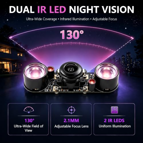 5MP OV5647 Sensor for Raspberry Pi Camera Module Night Vision with IR LED Light 1080P Video Webcam Wide Angle 130°FOV Adjustable Focus Compatible with Raspberry Pi 5 / 4B / 3B+ / 3B / Zero