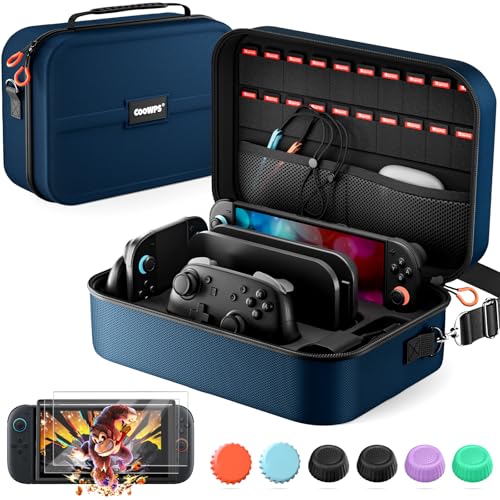 COOWPS for Nintendo Switch 2 Case, 2-Pack Screen Protectors, 6 Thumb Grips - color: Navy Blue