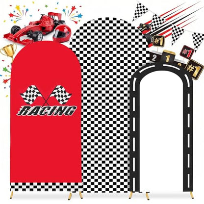 Racing Party Arch Backdrop Cover Set of 3, Spandex 4ft 5ft 6ft Checkered Flag Race Car Chiara Arch Covers for Birthday Baby Shower – Red Black White Stretchy Fitted Round Top Backdrop Cover - color: Black White Checkered Racing Theme Party Arch Raci