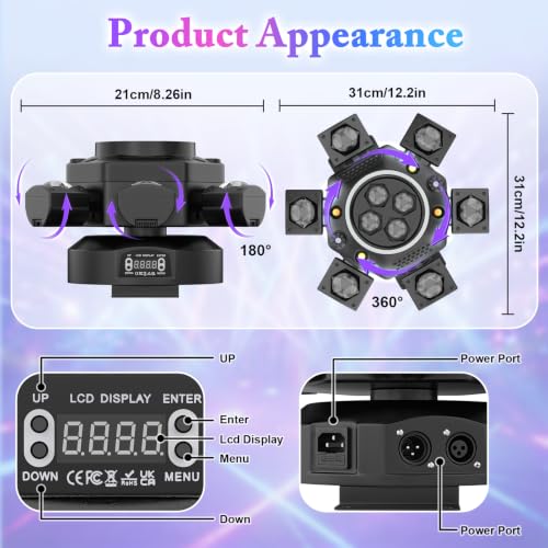 Moving Head DJ Lights, 150W 6-Arm RGBW Stage Lights, DMX-512