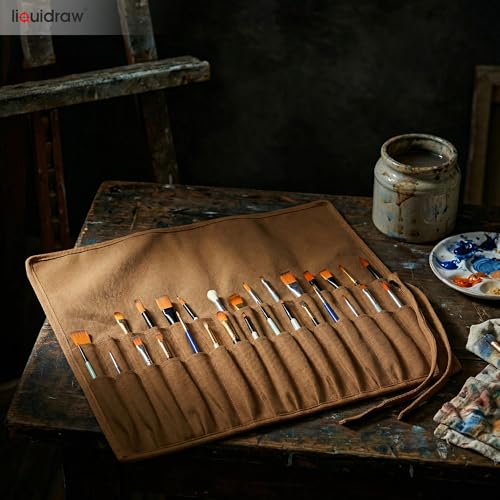 Liquidraw 30 Pocket Roll-Up Canvas Paint Brush Holder, 21 x 18in (Brown) - color: Brown