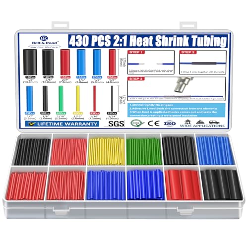 430 pcs 2:1 Heat Shrink Tubing Kit Industrial Heat-Shrink Tubing for Wires, 2:1 Marine Grade Heat Shrink Wrap, Premium Large Electrical Waterproof Heat Shrink Tape,12 Sizes 6Colored Assorted