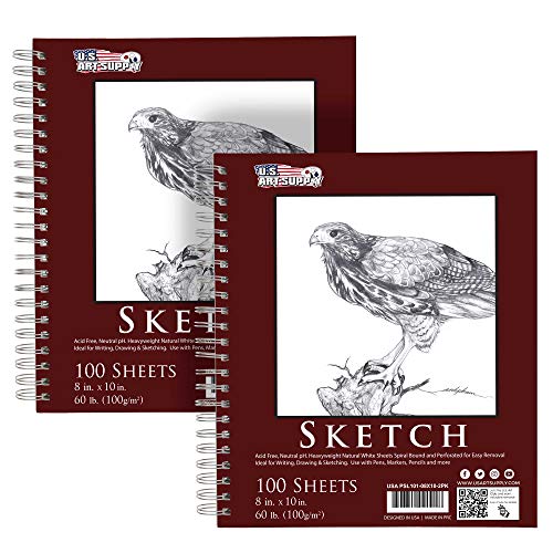 U.S. Art Supply 8"x10" Sketch Book Pad, Spiral Bound 100 Sheets Each,2-Pack - size: 8.0-x-10-inch