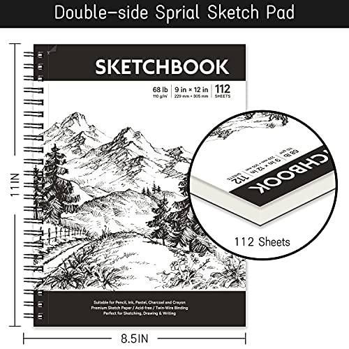 Coboll Sketch Book - Hardcover Sketch Pad, 9" x 12", 112-Sheet, 68 lb/110 GSM, Durable Sketchbook Use with Pens, Pencils, Sketching Stick and More, for Professional Kids, Teens, Adults