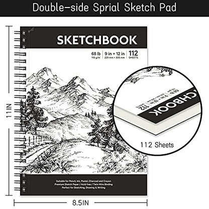 Coboll Sketch Book - Hardcover Sketch Pad, 9" x 12", 112-Sheet, 68 lb/110 GSM, Durable Sketchbook Use with Pens, Pencils, Sketching Stick and More, for Professional Kids, Teens, Adults