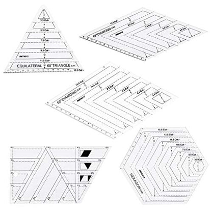 5Pcs Creative Grids Quilting Templates Set, Drafting Triangles 45 60 Degree Rhombus Longarm Square Sewing Rulers Free Motion Fabric Ruler Racks Patchwork Tool Handmade Drawing Supplies