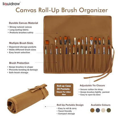 Liquidraw 30 Pocket Roll-Up Canvas Paint Brush Holder, 21 x 18in (Brown) - color: Brown