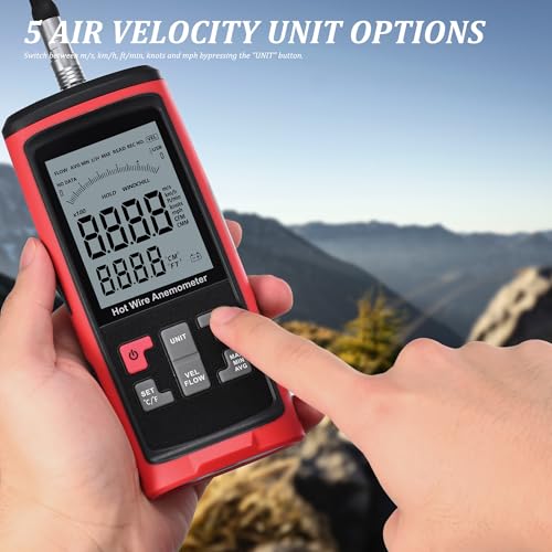Hot Wire Anemometer Handheld with Bendable Telescoping Probe, HVAC in-Duct Peak Airflow Wind Speed Anemometer, Temperature CFM CMM Meter, Backlit LCD, Data Record & Output
