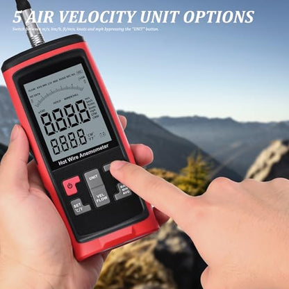 Hot Wire Anemometer Handheld with Bendable Telescoping Probe, HVAC in-Duct Peak Airflow Wind Speed Anemometer, Temperature CFM CMM Meter, Backlit LCD, Data Record & Output