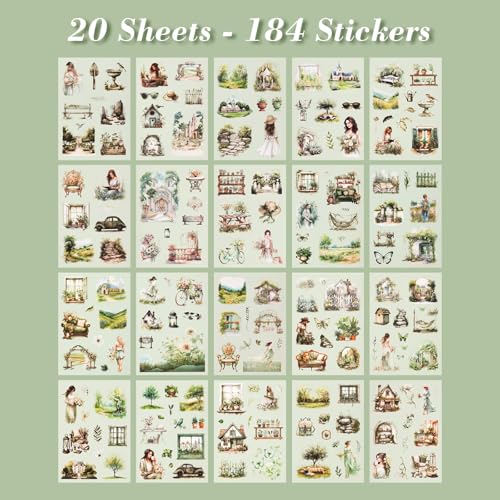 Spring Theme Journal Stickers - 20 Sheets Precut PET Tape Stickers for Junk Journal, Planner, Scrapbooking & Art Collage - color: Green