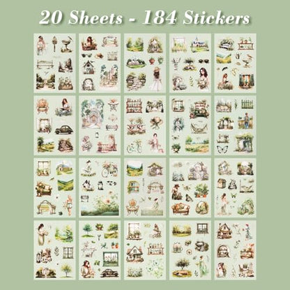 Spring Theme Journal Stickers - 20 Sheets Precut PET Tape Stickers for Junk Journal, Planner, Scrapbooking & Art Collage - color: Green