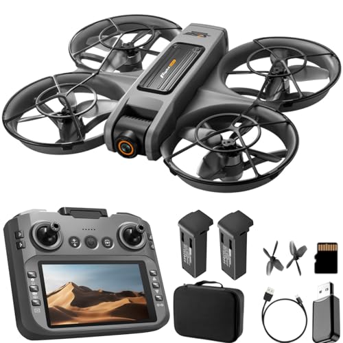 RC Drone With Screen On Controller (4.92in), UHD Dual Camera, Brushless Motor, Optical Flow Hovering, 360° Propeller Guard, 6-Axis Gyro, Headless Mode, One-Key Takeoff/Landing, 3-Speed Adjustable, 50X Zoom, Gesture Control, Trajectory Flight, Night LED, 2