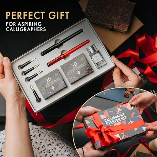 Wordsworth & Black Calligraphy Kit for Beginners, 2 Ink Pens, 5 Nibs, Black - color: Red Black
