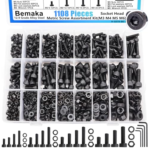 1108PCS Metric Screw Assortment Kit, M3 M4 M5 M6 Metric Bolts and Nuts Kit with with Lock & Flat Washers, 12.9 Grade Alloy Steel Hex Socket Head Cap Screws for 3D Printing - size: M3 M4 M5 M6-1108PCS