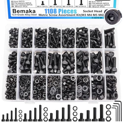 1108PCS Metric Screw Assortment Kit, M3 M4 M5 M6 Metric Bolts and Nuts Kit with with Lock & Flat Washers, 12.9 Grade Alloy Steel Hex Socket Head Cap Screws for 3D Printing - size: M3 M4 M5 M6-1108PCS