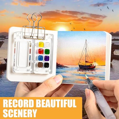 Mini Watercolor Travel Set with 8-Well Wood Palette and Sketchbook - color: Wood 8 Grids