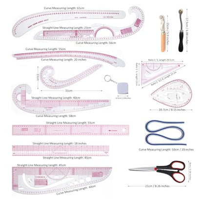 HLZC French Curve Ruler for Pattern Making, 15 Pieces Clear Sewing Ruler Set for Beginners Tailors Designers