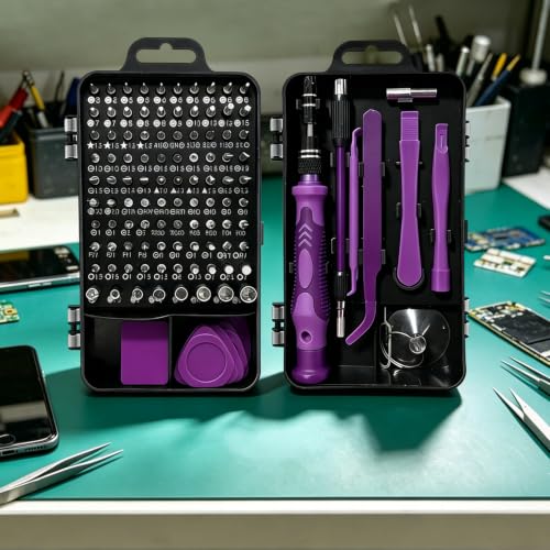 Precision Screwdriver Set, 115 in 1 Electronics Repair Kit, Magnetic Phone Repair Tool Kit with Chrome Vanadium Steel Bits, Purple Multi Function Screwdriver Set for Laptop Computer Watch DIY Repairs