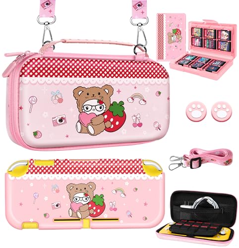 6in1 Kits Accessories Bundle for Nintendo Switch Lite 2019 - Cute Carrying Case, Protective Cover, Joy Con Grips, Thumb Grips, 24 Game Holder, Shoulder Strap Teens Boys Girls, Strawberry - color: Strawberry, size: for Nintendo Switch Lite 2019