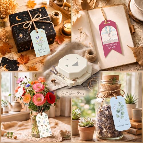 Lewtemi 4-in-1 Craft Tag Punch with Rope, Gift Tag Paper Punches for DIY - style: 4 in 1