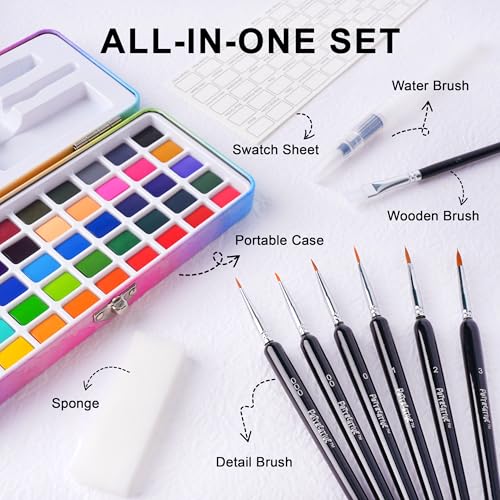 50 Solid Watercolor Paint Set with Built-in Palette & 8 Brushes - color: 50 Colors