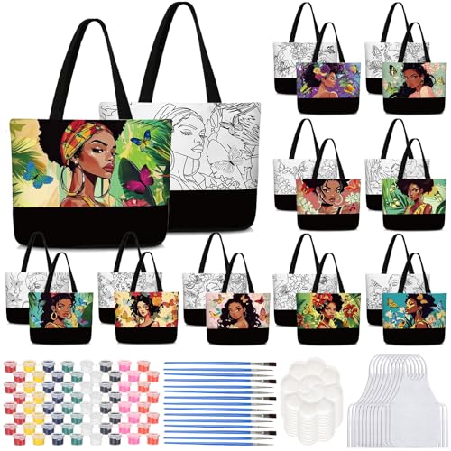 Locmeo 10 Set Paint and Sip Canvas Bags Pre Drawn Kit,Afro Queen - style: Afro Queen