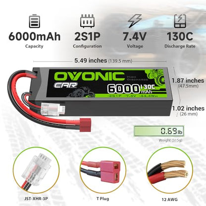 OVONIC 2S LiPo Battery 6000mAh 7.4V 130C RC Battery with Dean-Style T Connector